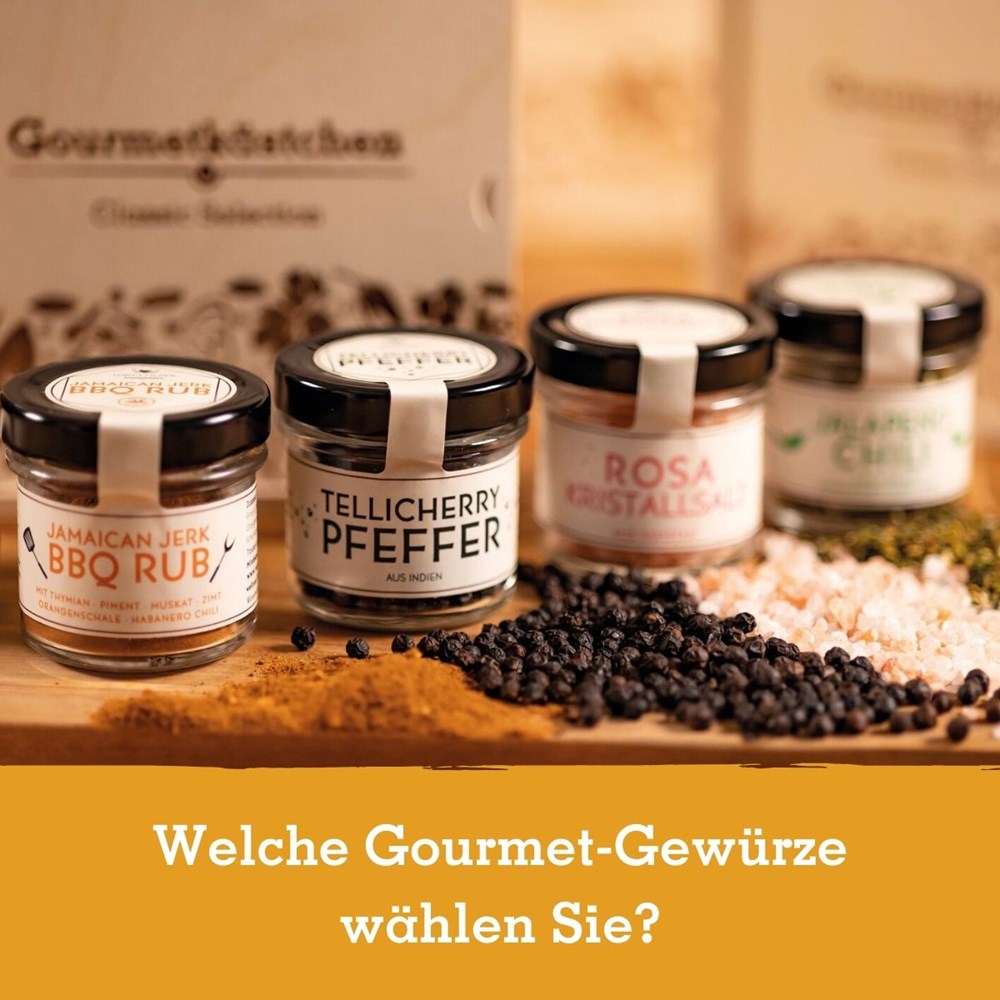 2 Gourmet Gewürze im Gourmetkästchen aus Birkenholz